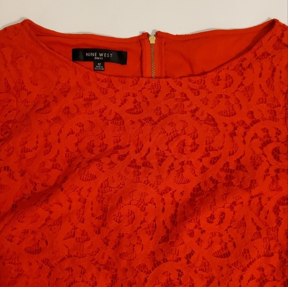 Nine West Red Lace Embroidered Shift Dress 3/4 Sleeve Boat Neck Size 12 - Picture 9 of 9